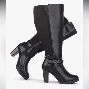 Sleek wide calf Black Heeled Boots with Buckle Detail